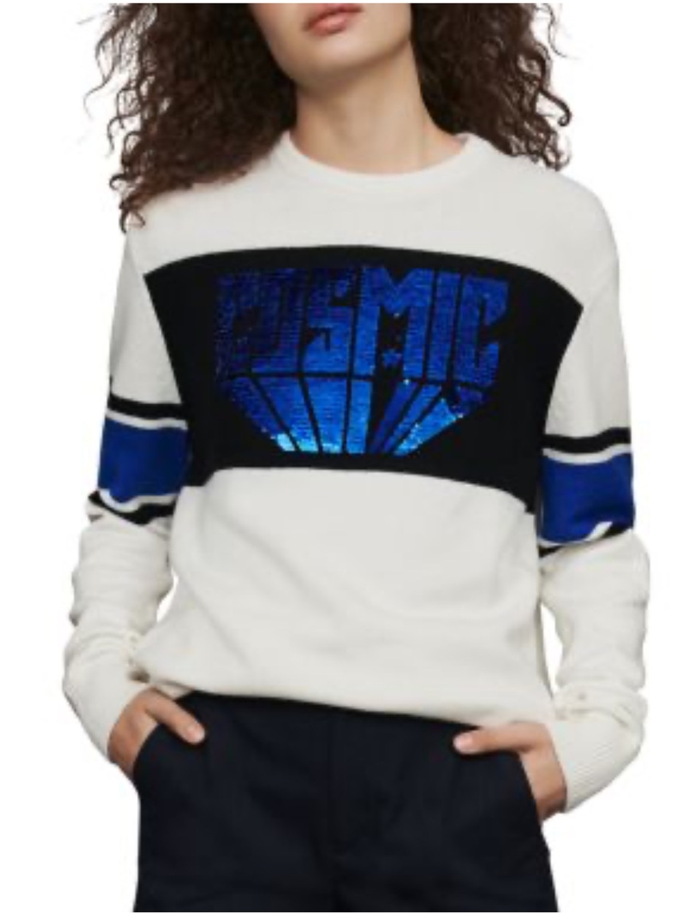 Maje Paris Mina Cosmic Blue Sequin Panel Ecru Crew Sweater size 1/US Small